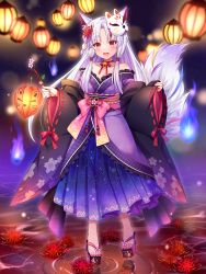 Rule 34 | 1girl, animal ears, bare shoulders, blue fire, blush, breasts, cleavage, fang, fire, flower, fox ears, fox girl, fox tail, highres, lantern, light purple hair, long hair, medium breasts, nail polish, open mouth, original, red eyes, sidelocks, slit pupils, smile, solo, spider lily, standing, suzumia (daydream), tail, toenail polish, toenails, traditional youkai, white hair