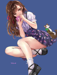 Rule 34 | 1girl, bad id, bad pixiv id, blue background, brown eyes, brown hair, cat, cellphone, censored, convenient censoring, covering own mouth, floral print, hair ribbon, long hair, looking at viewer, original, paw print, phone, puffy sleeves, ribbon, shirt, short sleeves, signature, simple background, skirt, solo, tukino (panna), very long hair