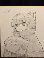Rule 34 | 1girl, :&lt;, bow, capelet, closed mouth, dated, disembodied head, greyscale, hair bow, highres, holding head, long sleeves, looking at viewer, marker (medium), monochrome, photo (medium), poronegi, sekibanki, short hair, signature, smile, solo, touhou, traditional media, upper body