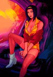 Rule 34 | 1girl, breasts, cigarette, cleavage, cowboy bebop, crop top, faye valentine, green eyes, hairband, highres, jen bartel, looking at viewer, parted lips, purple hair, shirt, short hair, shorts, sitting, solo, thighhighs, tied shirt, white thighhighs, yellow hairband, yellow shorts