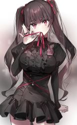 Rule 34 | 1girl, black dress, blush, bracelet, breasts, brown hair, closed mouth, commentary, cowboy shot, dress, earrings, frilled dress, frills, furrowed brow, hair between eyes, hair ribbon, heart, heart earrings, highres, jewelry, juliet sleeves, key, lock, long hair, long sleeves, looking at viewer, medium breasts, mouth hold, multiple rings, original, puffy sleeves, red eyes, red ribbon, ribbon, ring, simple background, solo, twintails, wata (attaka towel), white background