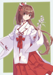 Rule 34 | 1girl, alternate costume, border, brown hair, cherry blossoms, commentary request, commission, cowboy shot, flower, green background, hakama, hakama skirt, japanese clothes, kantai collection, long hair, looking at viewer, miko, mitsuyo (mituyo324), ponytail, red eyes, red hakama, skirt, solo, two-tone background, white border, yamato (kancolle)