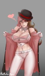Rule 34 | 1girl, absurdres, aestheticc-meme, bowler hat, breasts, crop top, female focus, gloves, hat, heart, heart-shaped pupils, highres, jewelry, large breasts, lip biting, midriff peek, necklace, neo politan, pink hair, rwby, smile, spoken heart, symbol-shaped pupils, text focus, white gloves, white legwear
