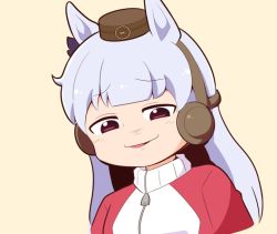 Rule 34 | 1girl, animal ears, blunt bangs, bow, commentary, ear bow, gold ship (umamusume), gomashio (goma feet), headgear, horse ears, horse girl, long hair, looking at viewer, looking down, pillbox hat, purple bow, red eyes, red track suit, simple background, smirk, solo, umamusume, upper body, yellow background