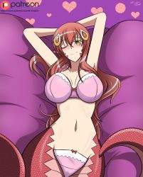 Rule 34 | 1girl, absurdres, arms behind head, arms up, artist name, bed sheet, blush, bow, bow bra, bow panties, bra, breasts, circle, closed mouth, collarbone, female focus, hair ornament, hairclip, half-closed eye, happy, heart, highres, lamia, large breasts, long hair, looking at viewer, luna xd, lying, miia (monster musume), monster girl, monster musume no iru nichijou, navel, nose blush, on back, one eye closed, orange eyes, panties, patreon logo, patreon username, pink bra, pink panties, pointy ears, purple background, red hair, shiny skin, signature, slit pupils, smile, solo, stomach, tail, underwear, underwear only, watermark, web address, wink