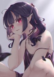 Rule 34 | 1girl, ahoge, amarisuu, bite mark, bite mark on neck, biting, black butterfly, black camisole, black choker, black hair, blunt bangs, blurry, blurry foreground, bug, butterfly, butterfly on knee, camisole, choker, commentary request, ear piercing, fangs, grey background, hand on own cheek, hand on own face, highres, insect, long hair, neck biting, neck ribbon, open mouth, original, piercing, pink eyes, pointy ears, ribbon, sitting, solo, spaghetti strap, strap slip, v-shaped eyebrows, vampire