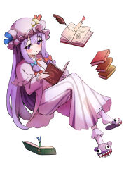Rule 34 | 1girl, :o, absurdres, blue bow, blue ribbon, blunt bangs, blush, book, bookmark, bow, capelet, commentary, crescent, crescent hat ornament, dress, floating, floating book, floating object, full body, hair bow, hat, hat ornament, hat ribbon, highres, holding, holding book, kaminose (user veum4325), long hair, long sleeves, looking at viewer, mob cap, open book, open mouth, patchouli knowledge, purple eyes, purple hair, quill, red bow, red ribbon, ribbon, robe, simple background, slippers, socks, solo, striped clothes, striped dress, touhou, vertical-striped clothes, vertical-striped dress, very long hair, white background