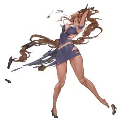 Rule 34 | 1girl, absurdly long hair, armpits, arms up, black gloves, braid, breasts, brown eyes, curvy, dark-skinned female, dark skin, defeat, dress, full body, game cg, gloves, gun, handgun, high heels, highres, injury, last origin, long hair, low-tied long hair, miss safety, navel, no bra, official art, open mouth, panties, parted bangs, police, police badge, police uniform, policewoman, ponytail, revolver, rorobomb, shirt, shoes, unworn shoes, short dress, single braid, single shoe, solo, tachi-e, thong, tight clothes, tight shirt, toned, torn clothes, transparent background, underwear, uniform, very long hair, weapon, wide hips