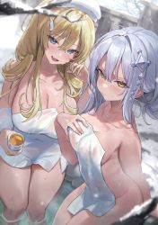 Rule 34 | 2girls, :d, absurdres, blonde hair, blue eyes, breasts, cleavage, collarbone, commission, covered navel, cup, fang, freng, frown, hair ornament, highres, holding, large breasts, long hair, looking at viewer, medium breasts, mole, mole on breast, mole under eye, multiple girls, naked towel, onsen, open mouth, original, pout, smile, snow, towel, towel on head, v-shaped eyebrows, wet, white hair, winter, yellow eyes