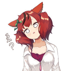 Rule 34 | 1girl, alternate costume, animal ears, bow, breasts, collarbone, commentary request, ear bow, ear covers, green bow, horse ears, horse girl, jacket, long sleeves, looking at viewer, medium breasts, multicolored hair, nice nature (umamusume), open mouth, red hair, red shirt, sawara noa, shirt, simple background, solo, strap slip, streaked hair, twintails, umamusume, upper body, white background, white jacket