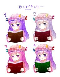 Rule 34 | 1girl, :o, artist name, blue ribbon, blush, book, commentary request, crescent, crescent hair ornament, cropped torso, dress, hair ornament, hat, hat ribbon, highres, holding, holding book, jitome, long hair, long sleeves, looking at viewer, mob cap, multiple views, open mouth, patchouli knowledge, pink dress, pink hat, purple eyes, purple hair, red ribbon, ribbon, sakizaki saki-p, smile, touhou, translation request, twitter username, upper body