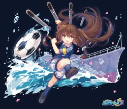 Rule 34 | 1girl, anchor, arm up, ball, blue background, blue shirt, blue socks, blush, brown eyes, brown footwear, brown hair, character request, collared shirt, commentary request, hair between eyes, hand up, kneehighs, long hair, official art, open mouth, petals, shenbei xiaoqiu, ship, shirt, shoes, short shorts, short sleeves, shorts, simple background, soccer ball, soccer uniform, socks, solo, sportswear, teeth, torpedo, twintails, two side up, upper teeth only, v-shaped eyebrows, very long hair, warship girls r, water, water drop, watercraft, waves, white shorts