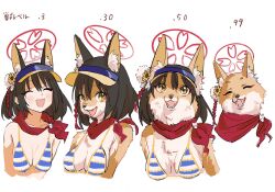 Rule 34 | 1girl, :3, ^ ^, animal ear fluff, animal ears, animal nose, animalization, bandana, bare shoulders, bikini, blue archive, blue bikini, blush, body fur, breasts, brown hair, cleavage, closed eyes, collarbone, cropped torso, daisy, eyeliner, fang, fangs, female focus, flower, fox, fox ears, fox girl, furrification, furry, furry female, gomibako (gomibako price), hair flower, hair ornament, halo, happy, highres, izuna (blue archive), izuna (swimsuit) (blue archive), japanese text, looking at viewer, makeup, medium breasts, multicolored clothes, multicolored headwear, multiple views, open mouth, pom pom (clothes), pom pom hair ornament, red bandana, red eyeliner, sharp teeth, short hair, sidelocks, simple background, skin fang, smile, snout, striped bikini, striped clothes, swimsuit, teeth, translation request, two-tone fur, upper body, visor cap, white background, white fur, yellow eyes, yellow flower, yellow fur