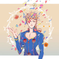 Rule 34 | 1boy, blue jacket, braid, bug, character name, closed mouth, commentary request, earrings, flower, giorno giovanna, hand up, insect, jacket, jewelry, jojo no kimyou na bouken, ladybug, lips, long hair, long sleeves, male focus, mizudama, orange flower, petals, solo, standing, vento aureo