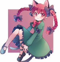 Rule 34 | 1girl, animal ears, black bow, black footwear, blush, bow, braid, cat ears, cat tail, closed mouth, commentary request, dress, extra ears, frilled dress, frilled sleeves, frills, full body, green dress, hair between eyes, hair bow, juliet sleeves, kaenbyou rin, long hair, long sleeves, looking to the side, mary janes, multiple tails, nekomata, puffy sleeves, red background, red eyes, red hair, shoes, simple background, sleeve bow, smile, solo, tail, touhou, twin braids, two-tone background, white background, xox xxxxxx