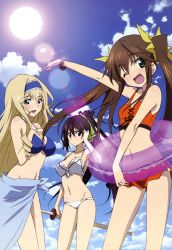Rule 34 | 10s, 3girls, absurdres, bikini, black hair, blonde hair, blue bikini, breasts, brown hair, cecilia alcott, cleavage, cloud, day, front-tie bikini top, front-tie top, hand on own head, highres, holding, holding sword, holding weapon, huang lingyin, infinite stratos, innertube, long hair, medium breasts, motomura kouichi, multiple girls, non-web source, nyantype, official art, one eye closed, open mouth, orange bikini, ponytail, shinonono houki, sky, small breasts, standing, stomach, sun, swim ring, swimsuit, sword, thighs, twintails, very long hair, weapon, white bikini, wink