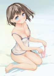 Rule 34 | 10s, 1girl, asymmetrical legwear, bare shoulders, black legwear, blue eyes, blush, bottomless, breasts, brown hair, cleavage, collarbone, commentary request, downblouse, from above, hair ornament, hairclip, highres, holding, holding clothes, holding panties, holding underwear, looking at viewer, love live!, love live! sunshine!!, medium breasts, miyuki (yxbt7), no bra, panties, unworn panties, resolution mismatch, shirt, short hair, sitting, smile, socks, solo, source smaller, underwear, uneven legwear, watanabe you, white panties, white shirt
