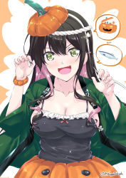 Rule 34 | 1girl, alternate costume, black hair, blush, breasts, candy, claw pose, commentary request, cosplay, cowboy shot, fang, fish, food, green eyes, hairband, halloween, halloween costume, jack-o&#039;-lantern, jacket, kantai collection, large breasts, libeccio (kancolle), libeccio (kancolle) (cosplay), long hair, looking at viewer, mikage takashi, multicolored hair, naganami (kancolle), open mouth, pink hair, pumpkin, pumpkin hat, pumpkin pants, scrunchie, simple background, smile, solo, trick or treat, two-tone hair, white hairband, wrist scrunchie