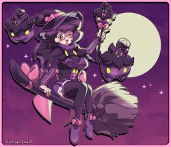 Rule 34 | 1girl, 2others, absurdres, alternate costume, artist name, big hair, blush, blush stickers, border, bow, breasts, broom, broom riding, capelet, creatures (company), drop shadow, eyelashes, footwear ribbon, frills, full body, full moon, game freak, gen 6 pokemon, glasses, gradient background, green eyes, hat, hat ribbon, high heels, highres, holding, holding staff, large breasts, large ribbon, long sleeves, loveycloud, mage staff, moon, multicolored clothes, multiple others, night, night sky, nintendo, one eye closed, open mouth, outline, pantyhose, pink-framed eyewear, pink border, pink bow, pink sweater, pokemon, pokemon (creature), pokemon sm, pumpkaboo, purple capelet, purple footwear, purple hair, purple pantyhose, ribbed sweater, ribbon, sitting, sky, staff, star (sky), sweater, turtleneck, turtleneck sweater, white outline, wicke (pokemon), witch hat