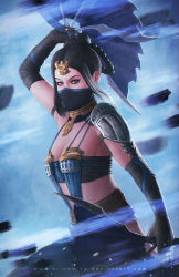 Rule 34 | 1girl, armlet, braid, breasts, bridal gauntlets, brown hair, cleavage, earrings, hand fan, fighting stance, folding fan, hair ornament, half mask, jewelry, kitana, looking at viewer, makeup, mask, midway, mortal kombat (series), mountain, mouth mask, multiple braids, realistic, revealing clothes, solo, toned, watermark, weapon
