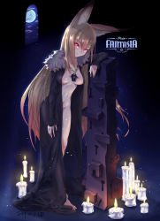 Rule 34 | 1girl, animal ear fluff, animal ears, artist name, barefoot, black cloak, breasts, candle, cloak, copyright name, dated, fur collar, highres, jewelry, ld (shaliuding), lock, long hair, looking at viewer, medium breasts, moon, navel, necklace, night, night sky, pixiv fantasia, pixiv fantasia last saga, quintica chief of the polar night, red eyes, sky, smile, snow, solo, standing, very long hair