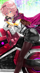 Rule 34 | anniversary, black shorts, blue eyes, cape, choker, closed mouth, fingerless gloves, from side, gloves, hair wings, hairband, head wings, highres, hololive, kamina shades, long sleeves, motor vehicle, motorcycle, nail polish, pantyhose, pantyhose under shorts, pink hair, puffy long sleeves, puffy sleeves, red nails, shiny clothes, short hair, shorts, sitting, smile, takane lui, taut clothes, uenoryoma, virtual youtuber, wings