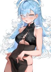 Rule 34 | 1girl, absurdres, alternate costume, black panties, blue eyes, blue hair, blush, breasts, cleavage, commentary, covered navel, fang, hair intakes, highres, hololive, hololive indonesia, kobo kanaeru, liquid hair, long hair, medium breasts, multicolored hair, open mouth, panties, pepq, photo inset, reference inset, revealing clothes, shiny clothes, skin fang, skindentation, sleeveless, solo, symbol-only commentary, transparent background, underboob, underwear, very long hair, virtual youtuber, white hair