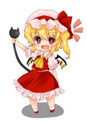 Rule 34 | 1girl, ascot, bad id, bad pixiv id, blonde hair, blush, electric plug, europlug, fang, flandre scarlet, hat, hat ribbon, highres, koyashaka, looking at viewer, mob cap, open mouth, red eyes, ribbon, shirt, short sleeves, side ponytail, simple background, skirt, skirt set, smile, solo, touhou, transparent background, vest, white background, wings
