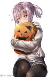 Rule 34 | 1girl, alternate costume, bad id, bad pixiv id, bag, black pantyhose, blue eyes, blush, commentary request, halloween, heart, hood, hoodie, jacket, juurouta, kantai collection, long sleeves, looking at viewer, medium hair, pantyhose, pink hair, shiranui (kancolle), short shorts, shorts, simple background, solo, twitter username, white background