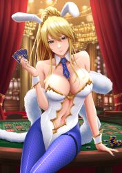 Rule 34 | 1girl, absurdres, animal ears, arm support, artoria pendragon (all), artoria pendragon (fate), artoria pendragon (lancer) (fate), artoria pendragon (swimsuit ruler) (fate), bare shoulders, blonde hair, blue nails, blue necktie, blue pantyhose, blush, breasts, card, casino, casino card table, cleavage, clothing cutout, collarbone, column, crown, curtains, detached collar, fake animal ears, fate/grand order, fate (series), female focus, fishnet pantyhose, fishnets, fur scarf, green eyes, hair between eyes, hair over breasts, high ponytail, highleg, highleg leotard, highres, holding, holding card, indoors, large breasts, leotard, light, looking at viewer, nail polish, navel, navel cutout, necktie, pantyhose, parted lips, pillar, playboy bunny, playing card, poker chip, rabbit ears, roulette table, sitting, sitting on table, sleeveless, slot machine, solo, strapless, table, thigh strap, uguisugo, white leotard, wrist cuffs