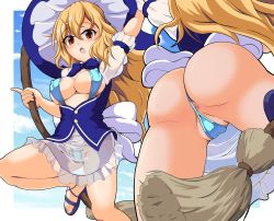 Rule 34 | 1girl, anus, anus only, anus peek, areola slip, ass, blonde hair, blue neckwear, blush, bow, bowtie, breasts, breasts out, broom, broom riding, cameltoe, clothing aside, cloud, day, groin, hat, highres, jacket, kirisame marisa, large breasts, long hair, looking at viewer, looking down, multiple views, nioti, open clothes, open jacket, open mouth, red eyes, sandals, see-through, see-through skirt, shiny skin, skirt, sky, slingshot swimsuit, swimsuit, swimsuit aside, touhou, witch, witch hat