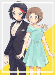 Rule 34 | 2girls, arms at sides, bare shoulders, blue eyes, blush, brown eyes, brown hair, diagonal stripes, dress, eyebrows, formal, highres, jewelry, kill la kill, mankanshoku mako, matoi ryuuko, multicolored hair, multiple girls, necklace, necktie, oworyou, pant suit, pants, pearl necklace, red hair, reverse trap, short hair, smile, striped, suit, yuri