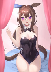 Rule 34 | 1girl, absurdres, admire vega (umamusume), alternate costume, animal ears, astroglia cyte, bare shoulders, black bow, black bowtie, black leotard, blush, bow, bowtie, breasts, brown hair, cleavage, curtains, detached collar, ear covers, hair between eyes, highres, horse ears, horse girl, leotard, looking at viewer, medium breasts, open mouth, playboy bunny, single ear cover, sitting, sleeveless, solo, strapless, strapless leotard, umamusume