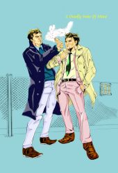 Rule 34 | 2boys, absurdres, belt, black belt, brown footwear, chain-link fence, character request, cigar, cigarette, collared shirt, columbo, lieutenant columbo, fence, formal, green neckwear, hand in pocket, highres, icos, multiple boys, necktie, outdoors, pants, raincoat, shirt, simple background, smoking, standing, suit