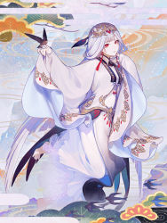 Rule 34 | 1girl, bird, bird&#039;s nest soup (food fantasy), earrings, food fantasy, full body, highres, japanese clothes, jewelry, looking at viewer, mamusya, mole, mole under eye, official art, pale skin, red eyes, second-party source, silver hair, solo