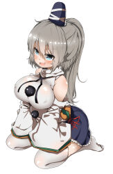 Rule 34 | 1girl, blue eyes, blue hat, blue skirt, breasts, commentary request, covered erect nipples, detached sleeves, fang, full body, grey hair, hat, highres, japanese clothes, kariginu, large breasts, long hair, looking at viewer, mononobe no futo, open mouth, pom pom (clothes), ponytail, seiza, simple background, sitting, skin fang, skirt, smile, solo, takimoto yukari, tate eboshi, thighhighs, touhou, white background, white thighhighs