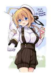 Rule 34 | 1girl, :d, admiral (kancolle), black shorts, blonde hair, blue eyes, blush, breasts, crepe, cropped legs, dated, food, glasses, gloves, hair between eyes, hat, heart, high-waist shorts, holding, holding food, i-8 (kancolle), kantai collection, large breasts, long hair, long sleeves, low twintails, military, military uniform, mole, mole under eye, naval uniform, odawara hakone, one-hour drawing challenge, open mouth, pinstripe legwear, pinstripe pattern, red-framed eyewear, ribbed sweater, sailor hat, shorts, smile, solo focus, striped, suspender shorts, suspenders, sweater, twintails, twitter username, uniform, white gloves, white headwear, white sweater