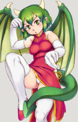 Rule 34 | 1girl, bare shoulders, blush, breasts, china dress, chinese clothes, commentary request, crossed bangs, draco centauros, dragon tail, dress, elbow gloves, foot out of frame, gloves, gradient background, green eyes, green hair, grey background, hair between eyes, head tilt, horns, looking at viewer, medium breasts, medium hair, open mouth, orizen, pointy ears, puyopuyo, puyopuyo quest, sega, solo, tail, thick thighs, thighhighs, thighs, white gloves, white thighhighs, wings