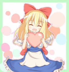Rule 34 | 1girl, :d, ^ ^, apron, blush, bow, capelet, closed eyes, doll, closed eyes, female focus, frills, hair bow, happy, heart, long hair, long skirt, open mouth, shanghai doll, skirt, smile, solo, touhou, umi suzume