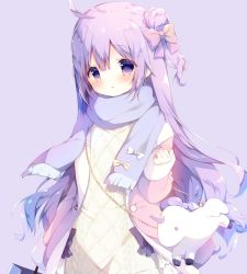 Rule 34 | 1girl, :o, animal bag, azur lane, bag, blue scarf, blush, bow, coat, commentary request, dress, fringe trim, hair between eyes, hair bow, hand up, head tilt, long hair, long sleeves, one side up, open clothes, open coat, parted lips, pink bow, pink coat, purple background, purple eyes, purple hair, scarf, shiratama (shiratamaco), shoulder bag, sidelocks, sleeves past wrists, solo, unicorn (azur lane), very long hair, white bow, white dress, yellow bow
