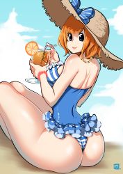 Rule 34 | 1girl, absurdres, ass, ass focus, beach, cup, drinking glass, frilled swimsuit, frills, from behind, hat, highres, jewelry, kenron toqueen, koala (one piece), light brown hair, looking at viewer, looking back, necklace, one-piece swimsuit, one piece, short hair, smile, striped clothes, striped one-piece swimsuit, swimsuit, thigh strap