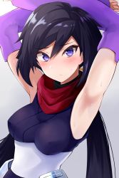 Rule 34 | 10s, 1girl, armpits, arms up, ayame (gundam build divers), bare shoulders, black hair, blush, breasts, commentary request, covered erect nipples, elbow gloves, fingerless gloves, gloves, gomashi (goma), grey background, gundam, gundam build divers, hair between eyes, head tilt, japanese clothes, looking at viewer, medium breasts, ninja, purple eyes, purple gloves, red scarf, scarf, sleeveless, solo, sweat