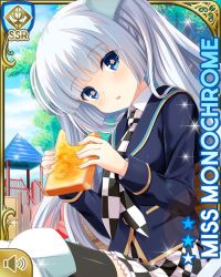 Rule 34 | 1girl, :o, blue eyes, blue jacket, blunt bangs, bread slice, card, character name, checker pattern, day, food, girlfriend (kari), jacket, miss monochrome, miss monochrome (character), necktie, official art, open mouth, outdoors, qp:flapper, school uniform, shirt, sitting, skirt, solo, tagme, thighhighs, toast, twintails, white footwear, white hair, white shirt