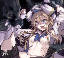 Rule 34 | 1girl, blonde hair, blue eyes, boots, breasts, colored skin, cropped, crying, crying with eyes open, despair, dress, forced, frilled shorts, frills, goblin, goblin slayer!, green skin, hat, holding another&#039;s wrist, long sleeves, monster, navel, no bra, open mouth, peril, pointy ears, priestess (goblin slayer!), rape, saliva, sanom, sharp teeth, shorts, small breasts, smile, solo focus, spread legs, sweat, tears, teeth, thigh boots, thighhighs, torn clothes, wide-eyed