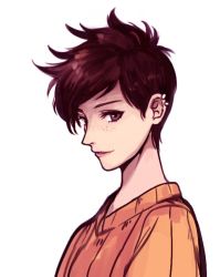 Rule 34 | 1girl, bad id, bad twitter id, bosong beoseot, brown eyes, brown hair, ear piercing, eyelashes, freckles, looking at viewer, matching hair/eyes, overwatch, overwatch 1, parted lips, piercing, short hair, simple background, smile, solo, spiked hair, sweater, swept bangs, tracer (overwatch), upper body, white background