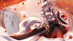 Rule 34 | 1girl, absurdres, animal ears, artist name, autumn, autumn leaves, bare shoulders, belt, black belt, black skirt, breasts, chinese commentary, cloud, cloudy sky, commentary request, detached sleeves, grey hair, grey shirt, grey socks, hair between eyes, hat, highres, holding, holding weapon, inubashiri momiji, leaf, long sleeves, looking at another, medium breasts, orange sky, outdoors, pom pom (clothes), red eyes, red hat, red skirt, shield, shirt, short hair, skirt, sky, socks, solo, standing, sword, tail, tokin hat, top-exerou, touhou, tree, v-shaped eyebrows, water, waterfall, weapon, wide sleeves, wolf ears, wolf tail