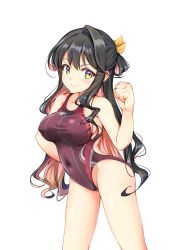 Rule 34 | 1girl, absurdres, black hair, breasts, clenched hand, commentary request, competition swimsuit, cowboy shot, hair ribbon, half updo, highleg, highleg swimsuit, highres, kantai collection, large breasts, long hair, looking at viewer, multicolored hair, naganami (kancolle), one-piece swimsuit, pink hair, purple one-piece swimsuit, ribbon, simple background, solo, swimsuit, two-tone hair, wavy hair, white background, yashin (yasinz), yellow eyes, yellow ribbon
