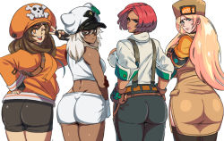 Rule 34 | 4girls, arc system works, ass, ass focus, bare shoulders, bike shorts, blonde hair, blue eyes, breasts, brown eyes, brown hair, come hither, dark-skinned female, dark skin, dress, embarrassed, female focus, fingerless gloves, from behind, giovanna (guilty gear), gloves, green eyes, guilty gear, guilty gear strive, hat, highres, huge ass, large breasts, long hair, looking at viewer, looking back, may (guilty gear), millia rage, multiple girls, naughty face, one eye closed, open mouth, orange eyes, pants, pantyhose, platinum blonde hair, ramlethal valentine, red hair, shiny clothes, shiny skin, short hair, short shorts, shorts, sideboob, simple background, smile, thighhighs, thighs, tina fate, very long hair, white background, wink