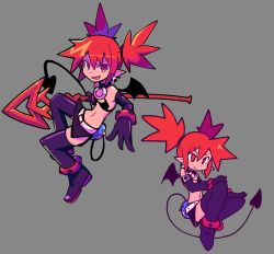 Rule 34 | 1girl, bacun, belt, black footwear, black gloves, blush, boots, closed mouth, demon girl, demon tail, demon wings, disgaea, earrings, elbow gloves, elder spear, etna (disgaea), fang, gloves, grey background, highres, holding, holding polearm, holding weapon, jewelry, long hair, navel, open mouth, pointy ears, polearm, red eyes, red hair, simple background, skull earrings, smile, spea, tail, thigh boots, thighhighs, twintails, weapon, wings