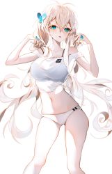 Rule 34 | 1girl, absurdres, ahoge, bare legs, bare shoulders, blonde hair, blue eyes, blush, braid, breasts, butterfly hair ornament, commentary, crop top, fingernails, front-tie top, gluteal fold, hair between eyes, hair ornament, highres, large breasts, modanyang, nail polish, navel, original, panties, parted lips, side braid, simple background, solo, standing, stomach, strap slip, underwear, white background, white panties